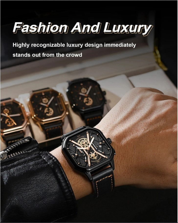 Luxury Black Gold Chronograph Men's Watch – Genuine Leather Strap