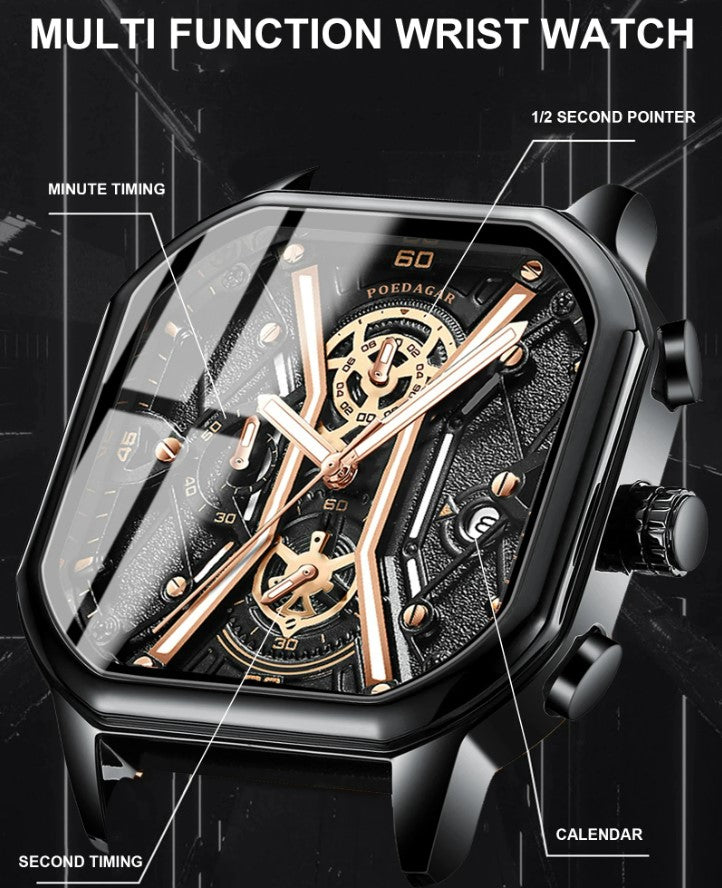Luxury Black Gold Chronograph Men's Watch – Genuine Leather Strap