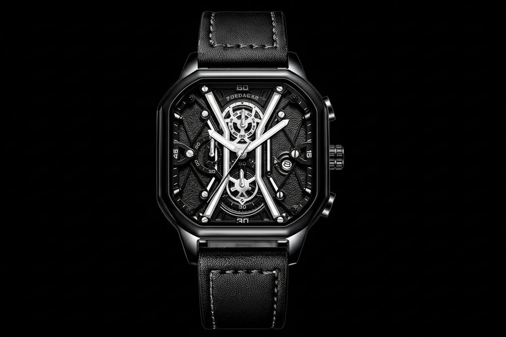 Luxury Black Silver Chronograph Men's Watch – Genuine Leather Strap