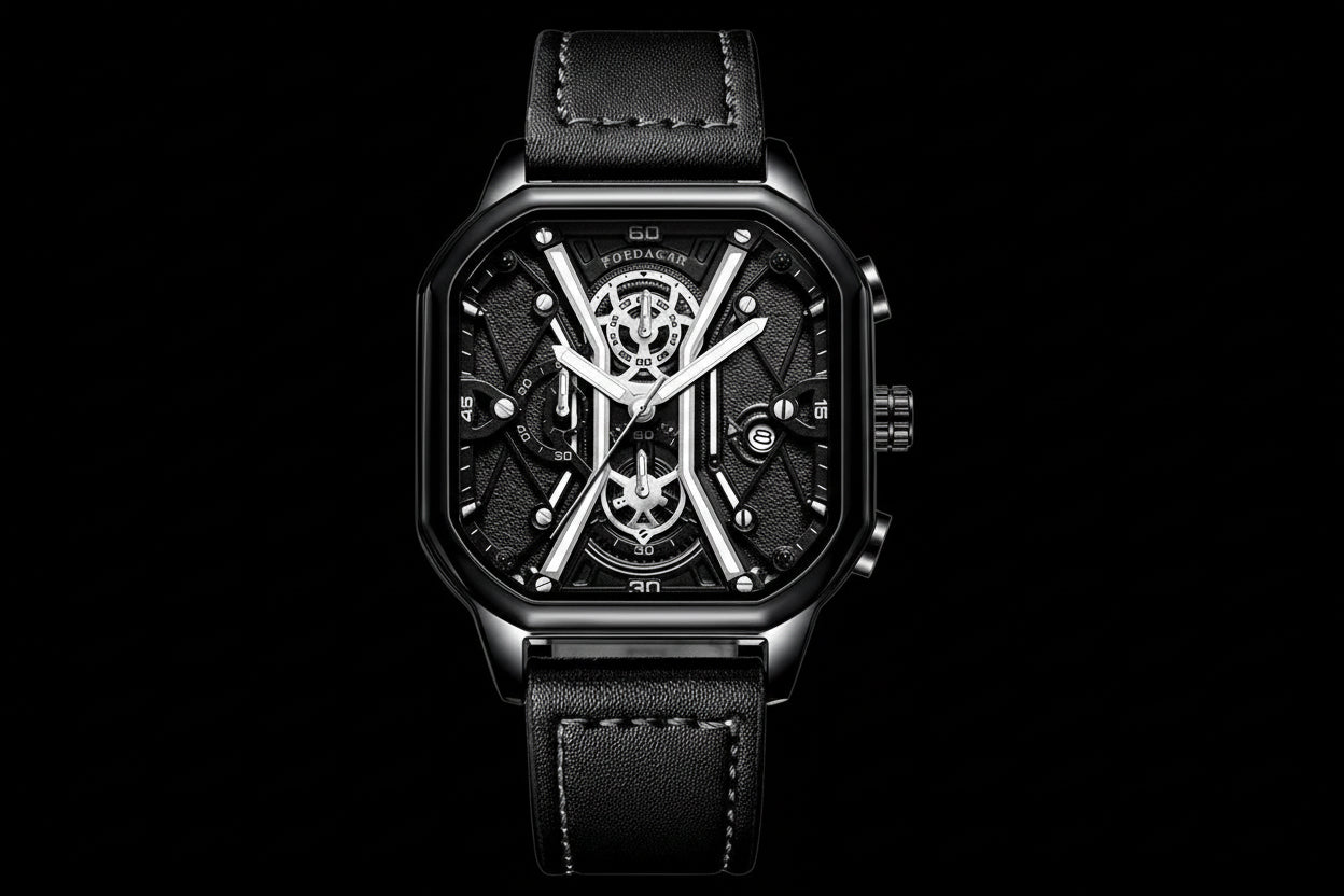 Luxury Black Silver Chronograph Men's Watch – Genuine Leather Strap