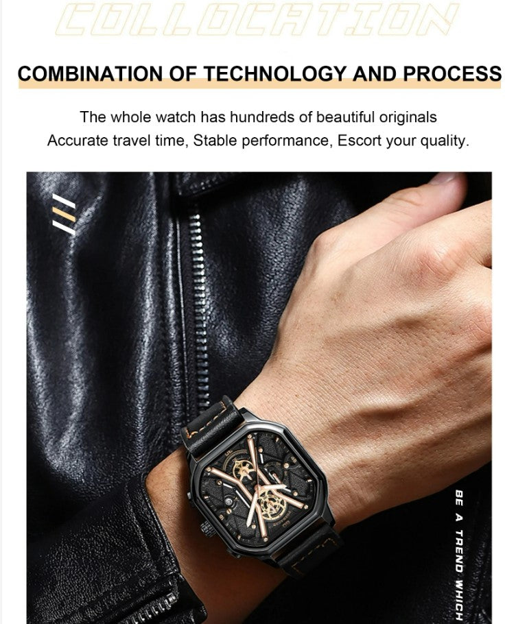 Luxury Black Silver Chronograph Men's Watch – Genuine Leather Strap