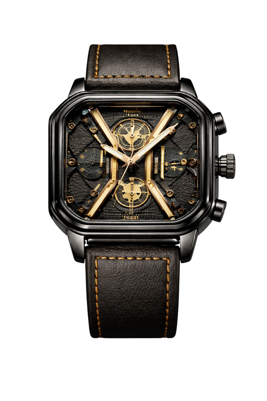 Luxury Black Gold Chronograph Men's Watch – Genuine Leather Strap