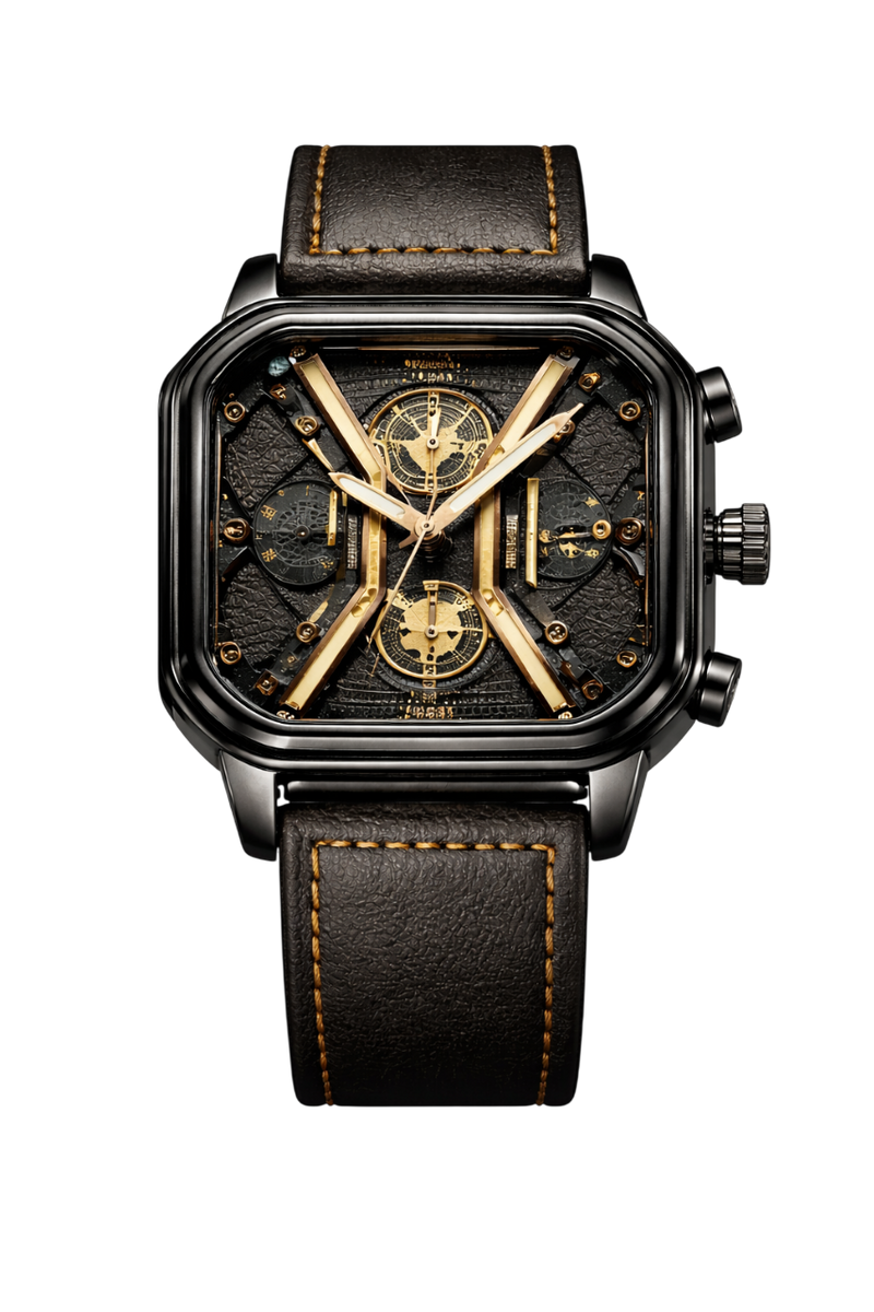 Luxury Black Gold Chronograph Men's Watch – Genuine Leather Strap